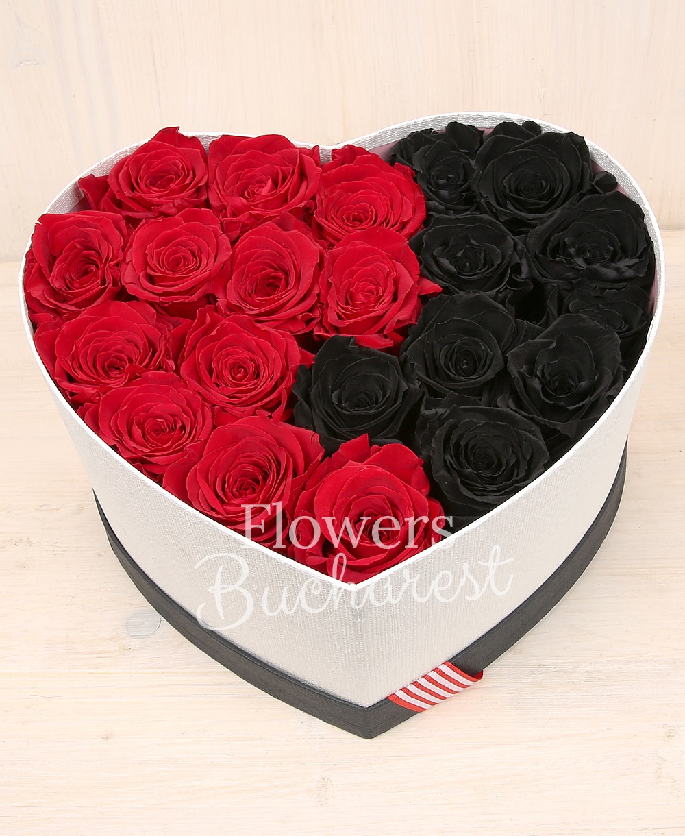 12 red cryogenic roses, 9 black cryogenic roses, heart shaped box