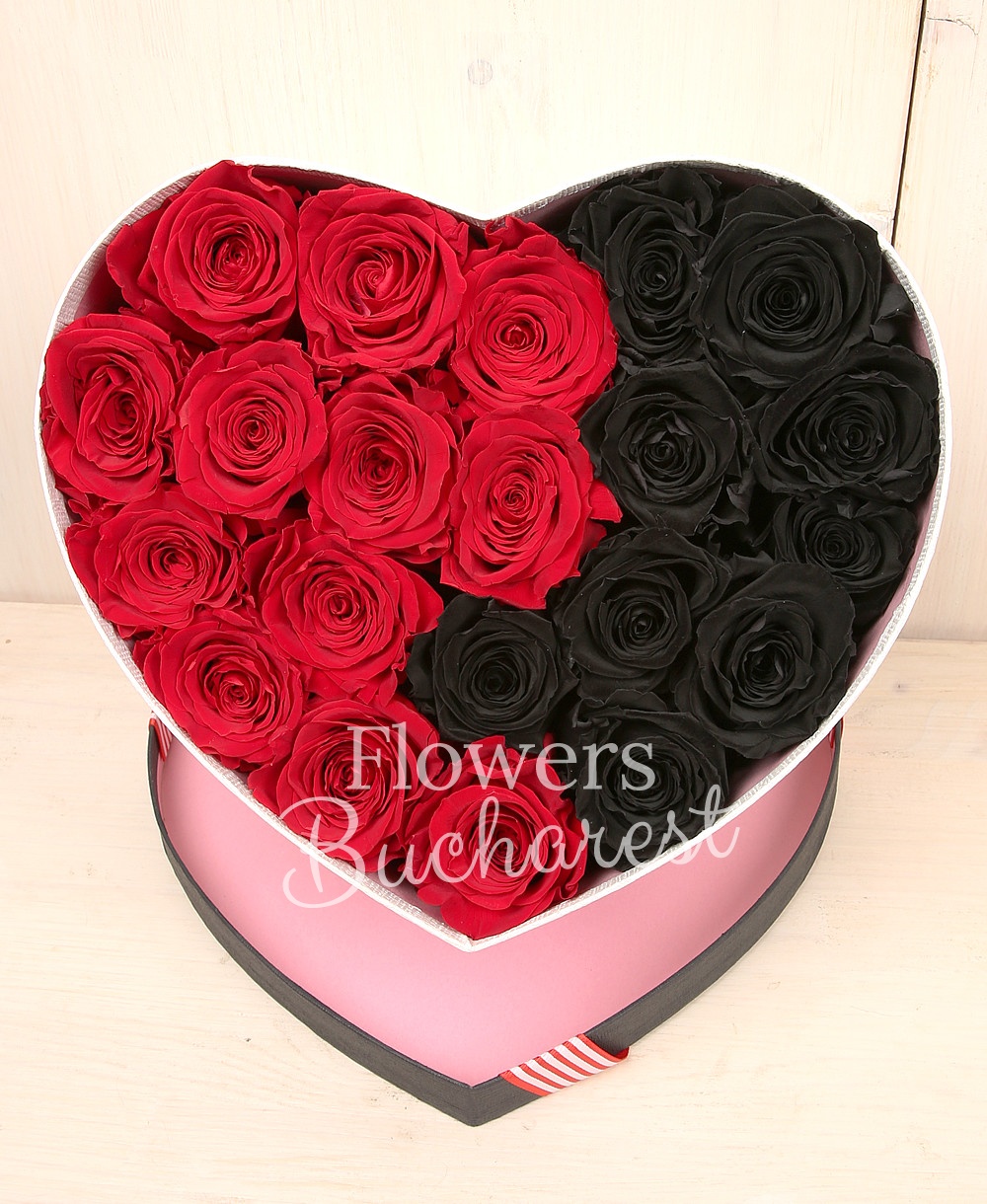 12 red cryogenic roses, 9 black cryogenic roses, heart shaped box