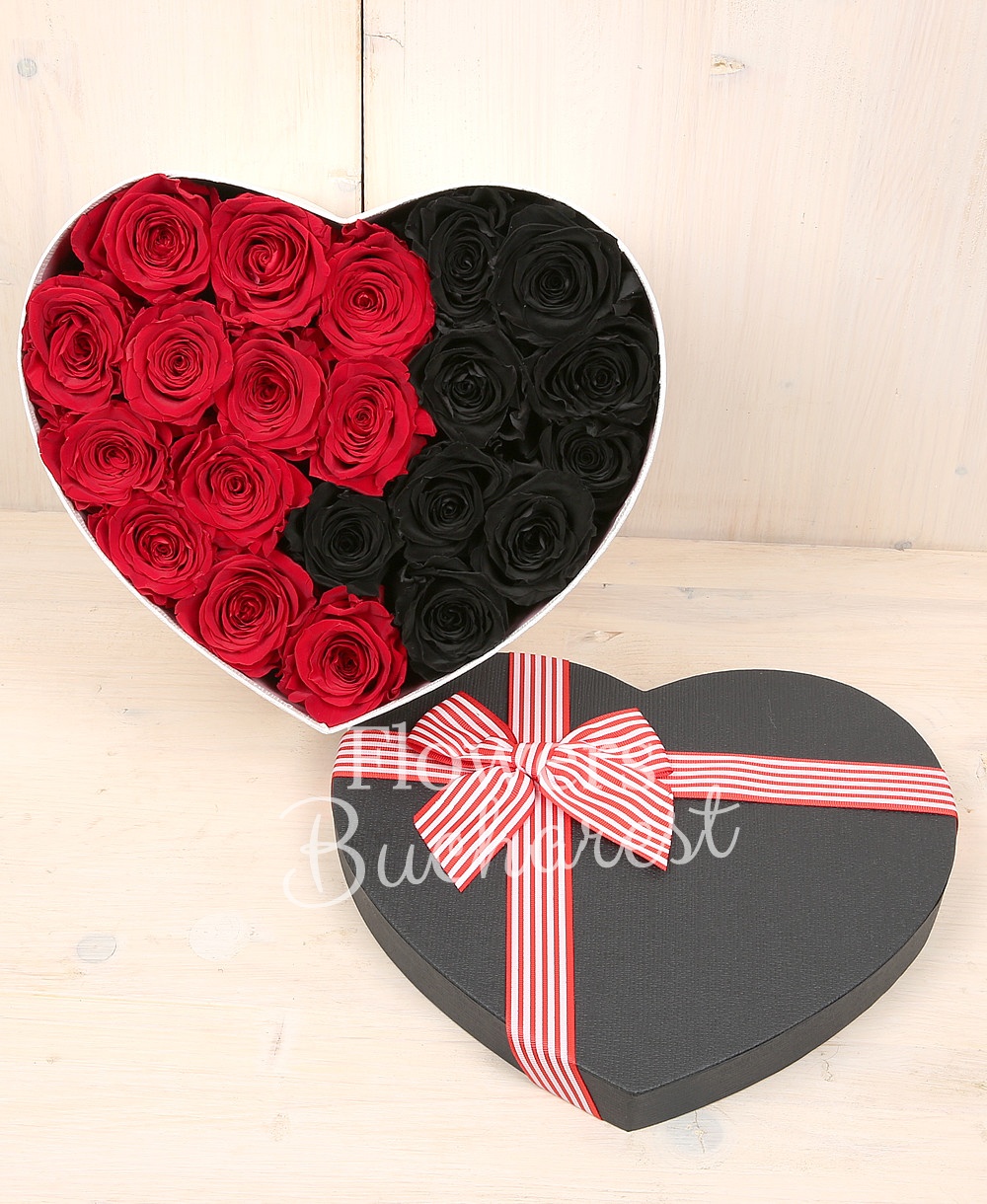 12 red cryogenic roses, 9 black cryogenic roses, heart shaped box