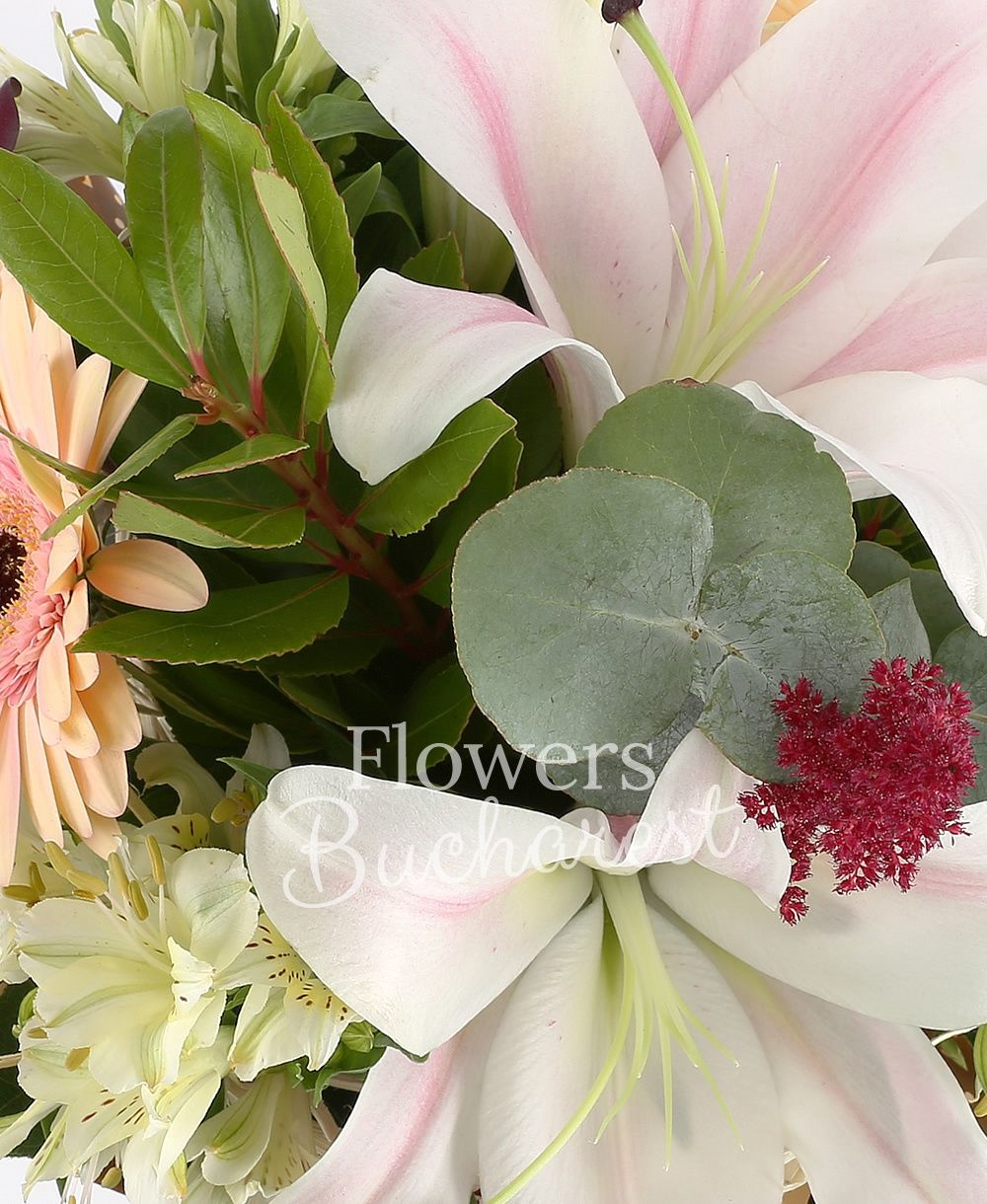 1 pink lily, 3 banana coloured roses, 2 cream gerbera, white alstroemeria, 3 mauve cala, 2 astilbe, greenery