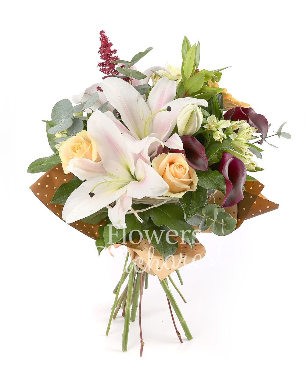 1 pink lily, 3 banana coloured roses, 2 cream gerbera, white alstroemeria, 3 mauve cala, 2 astilbe, greenery