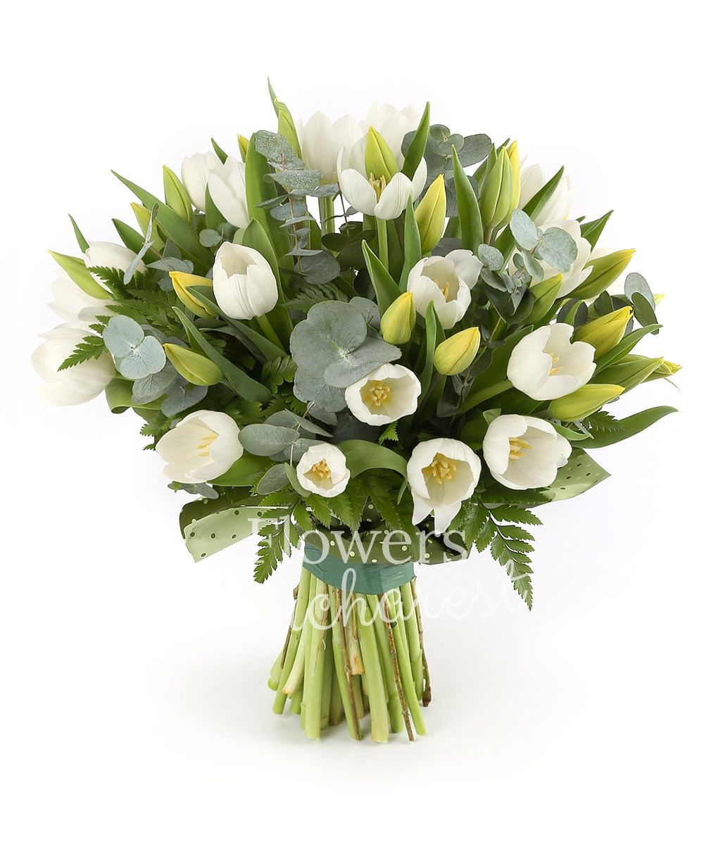 20 white tulips, 25 yellow tulips, greenery