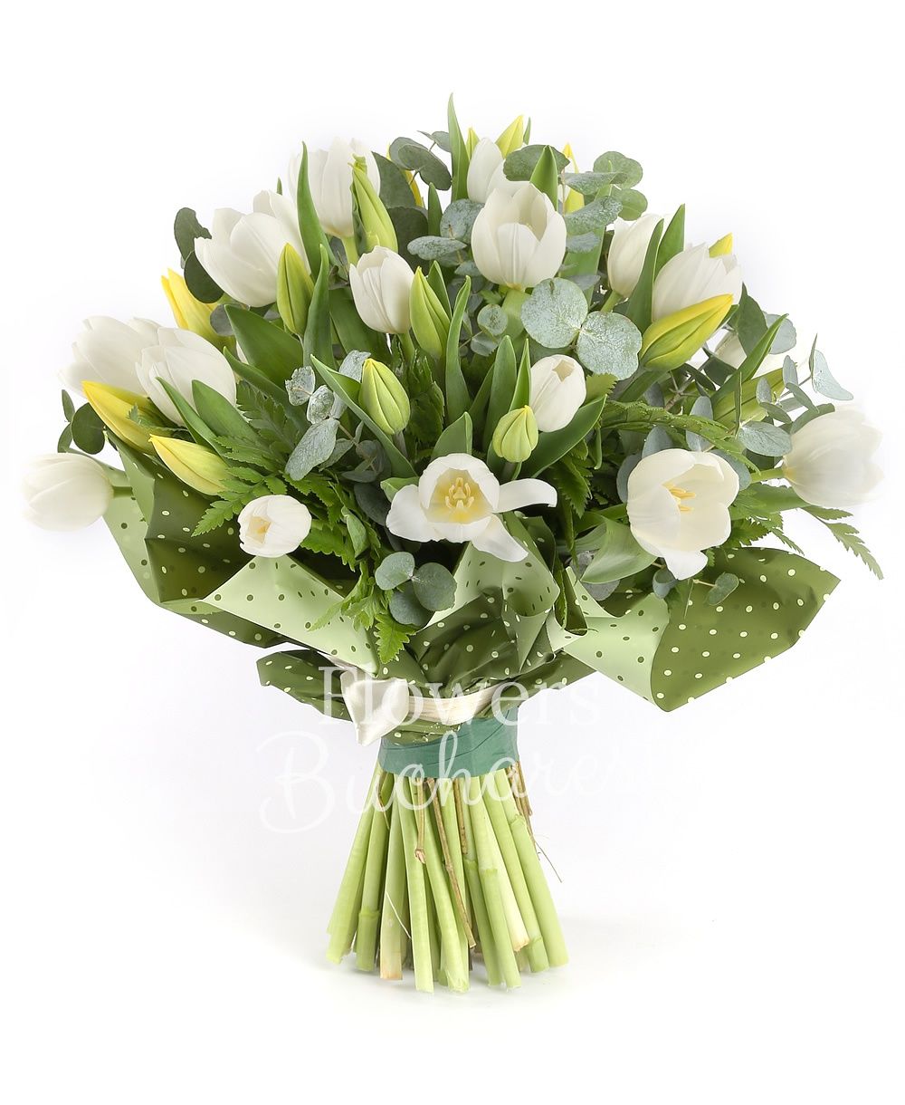 20 white tulips, 25 yellow tulips, greenery