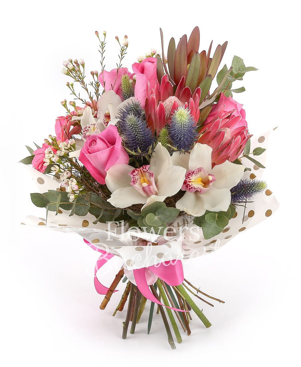 5 cyclam roses, 2 pink gerbera, 2 proteea, 2 leucadendron, 2 eryngium, white cymbidium, greenery