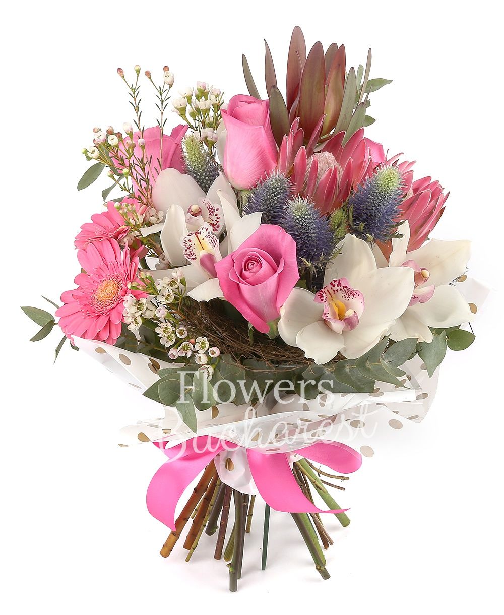 5 cyclam roses, 2 pink gerbera, 2 proteea, 2 leucadendron, 2 eryngium, white cymbidium, greenery