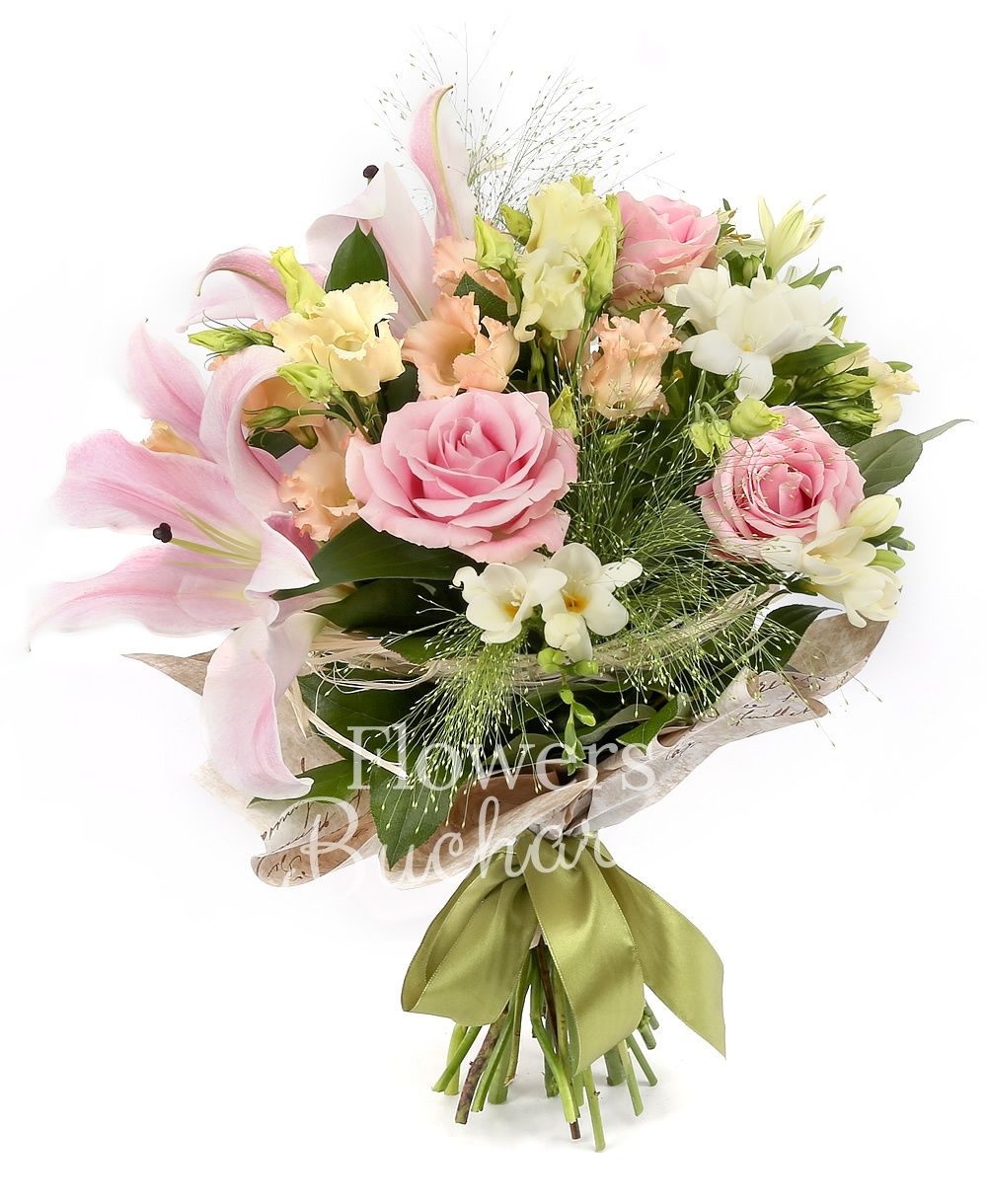 1 pink lily, 3 pink roses, 3 pink lisianthus, 5 white freesias, 2 white alstroemeria, greenery