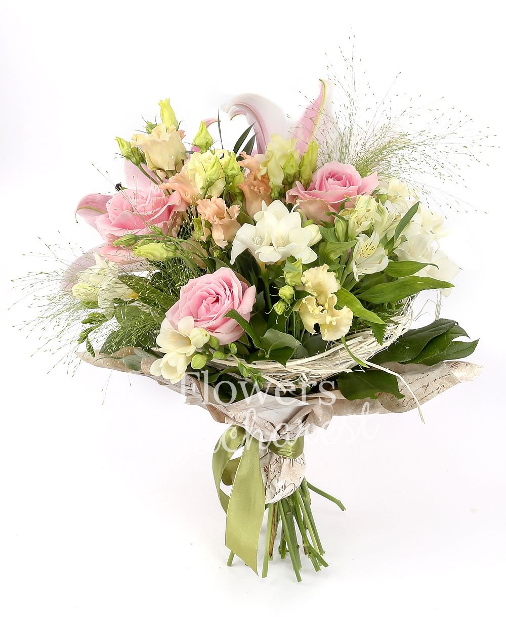 1 pink lily, 3 pink roses, 3 pink lisianthus, 5 white freesias, 2 white alstroemeria, greenery