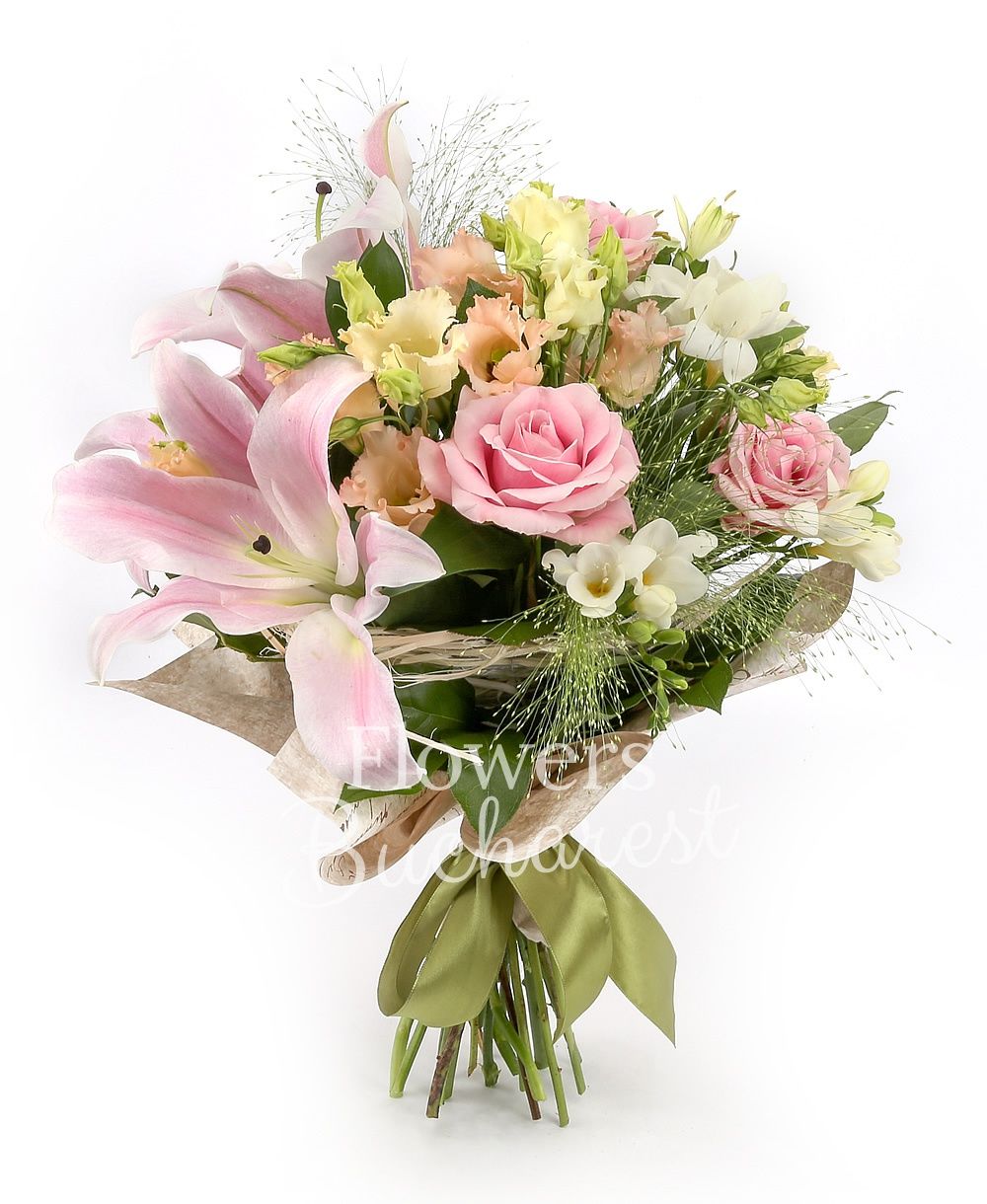 1 pink lily, 3 pink roses, 3 pink lisianthus, 5 white freesias, 2 white alstroemeria, greenery