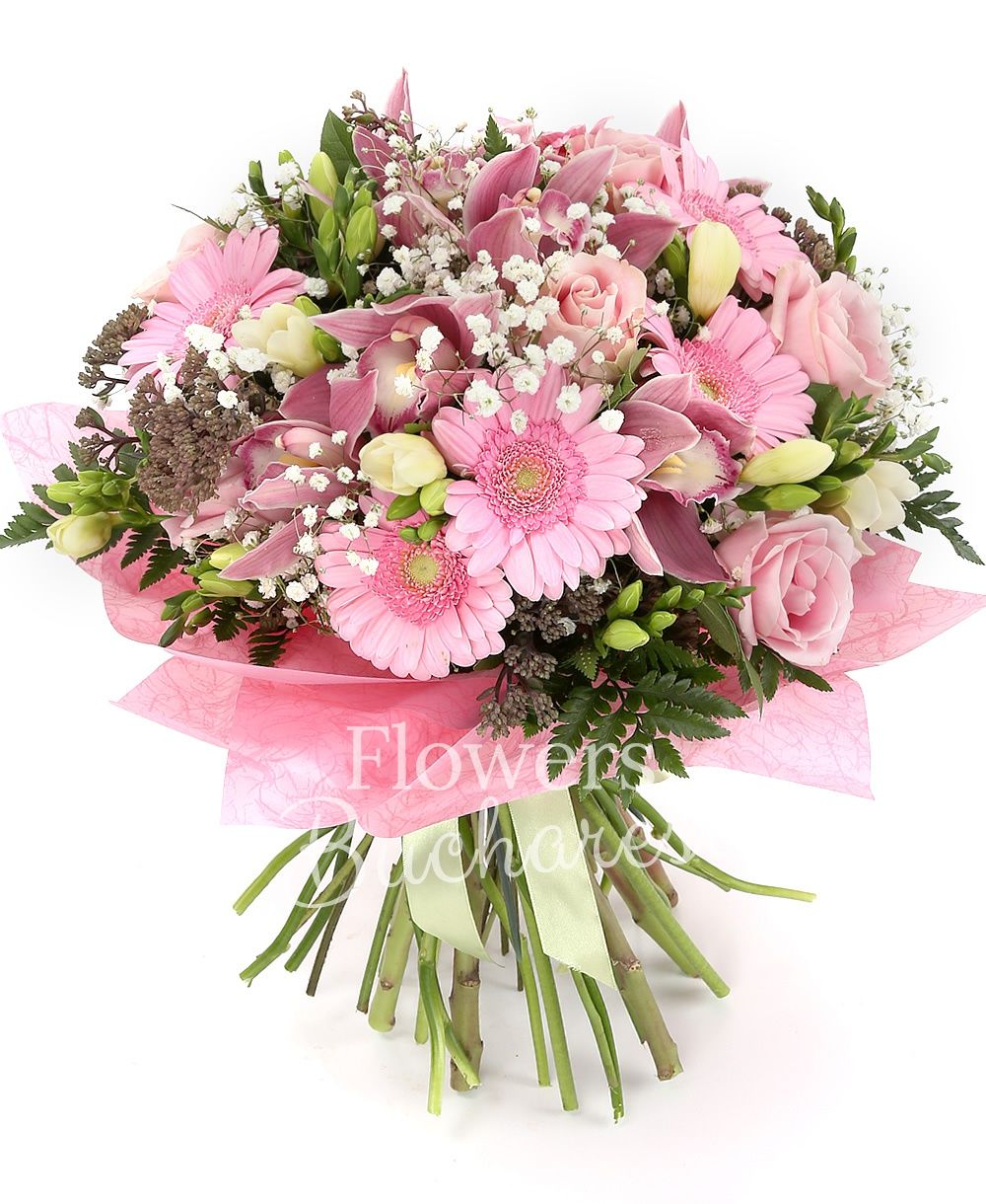 7 pink roses, 5 sedum, 10 white freesias, pink cymbidium, 5 gerbera, greenery