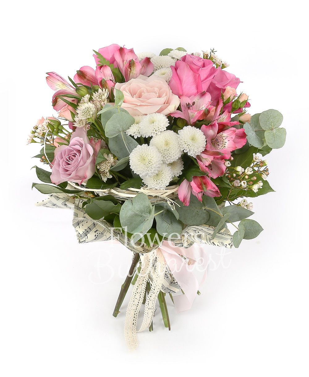 3 cyclam roses, 2 pink roses, 2 mauve roses, 3 pink miniroses, 3 pink alstroemeria, 2 white santini, white astranția, greenery