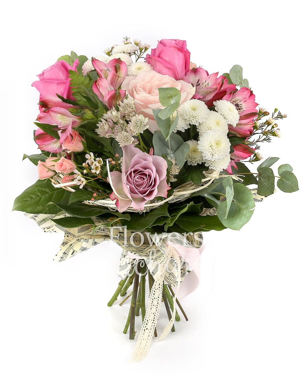 3 cyclam roses, 2 pink roses, 2 mauve roses, 3 pink miniroses, 3 pink alstroemeria, 2 white santini, white astranția, greenery