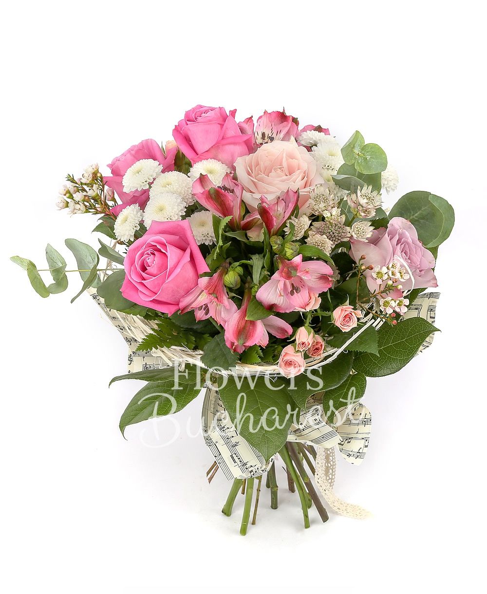 3 cyclam roses, 2 pink roses, 2 mauve roses, 3 pink miniroses, 3 pink alstroemeria, 2 white santini, white astranția, greenery