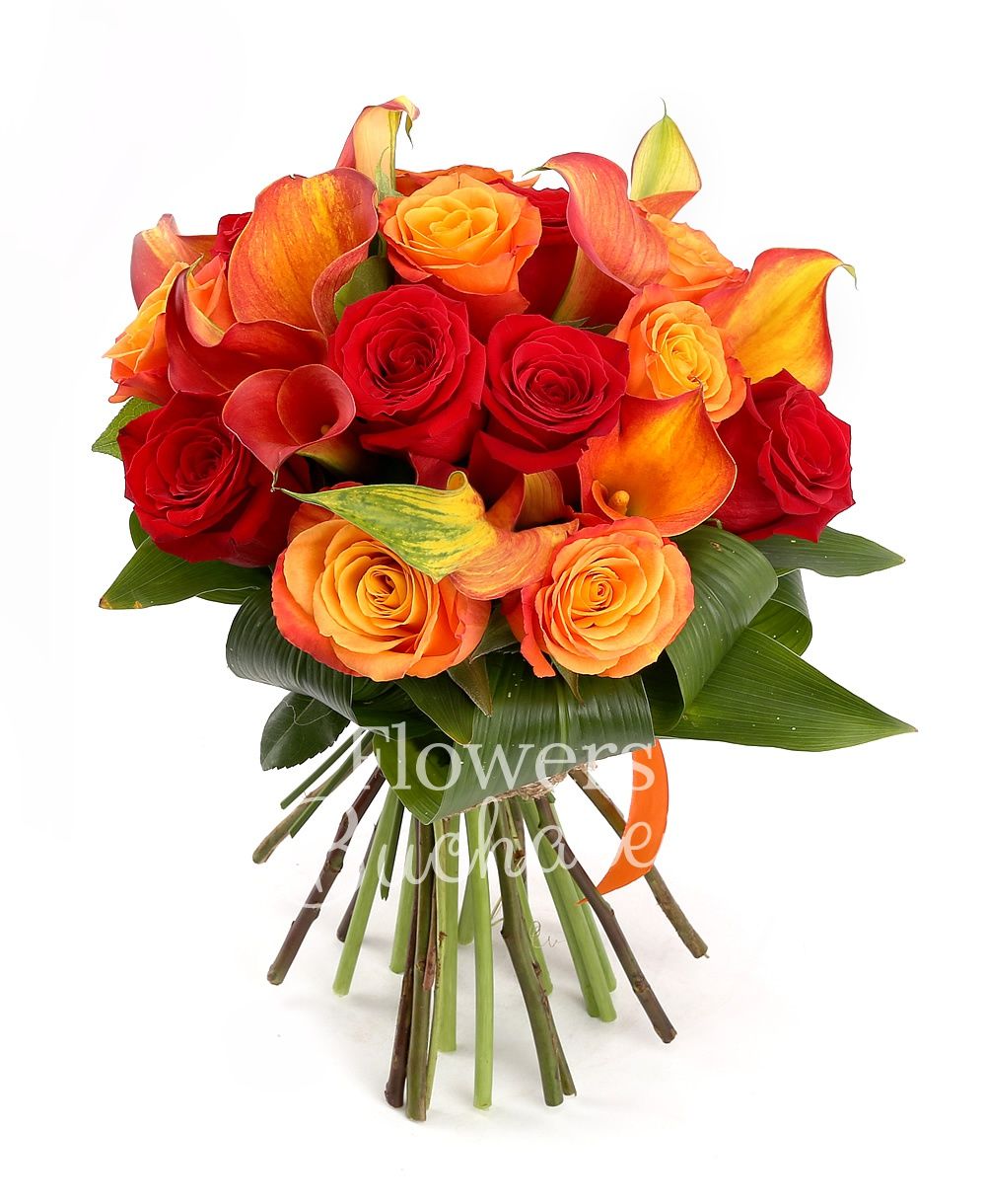 7 red roses, 7 orange roses, 9 orange cala, greenery