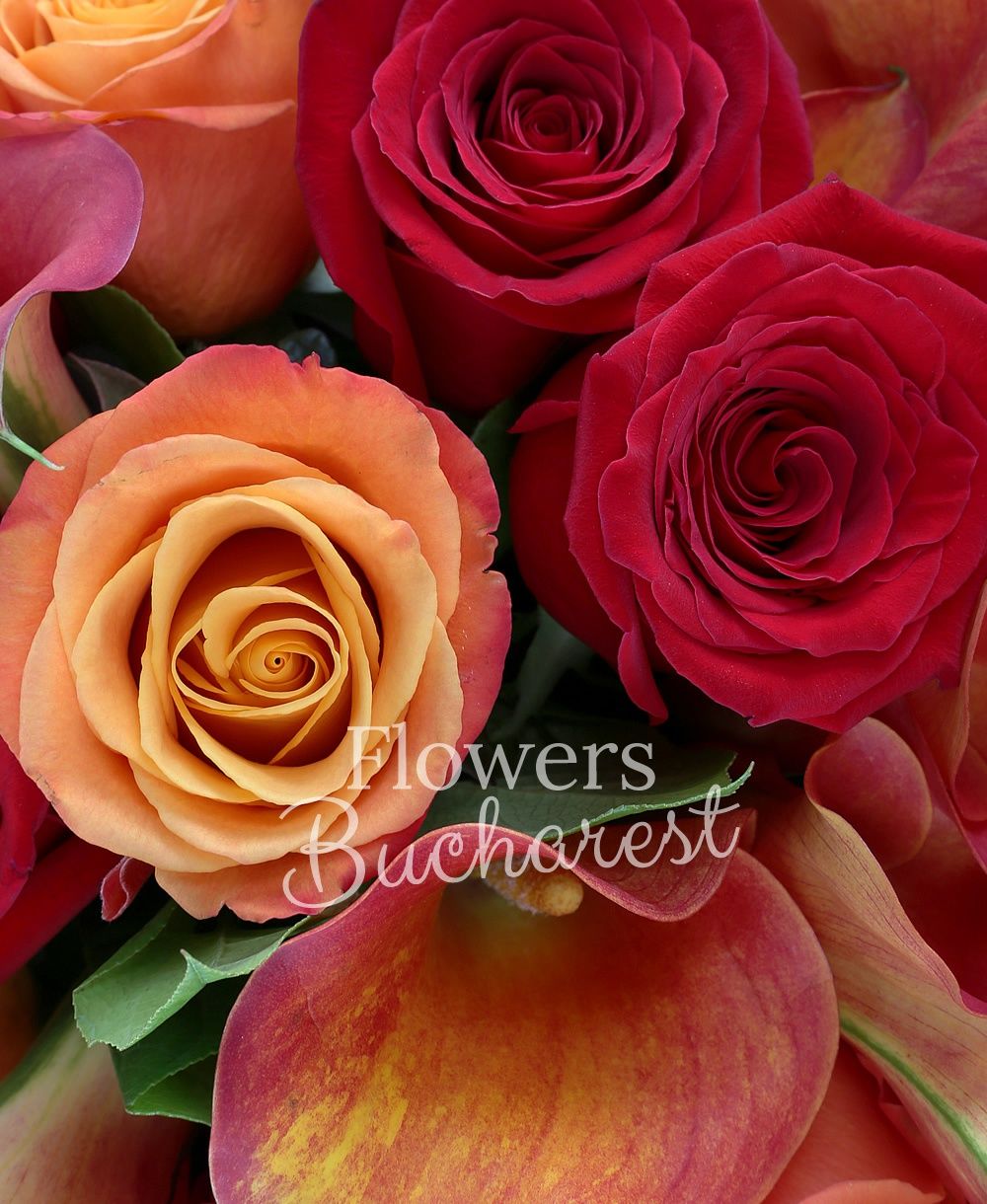 7 red roses, 7 orange roses, 9 orange cala, greenery