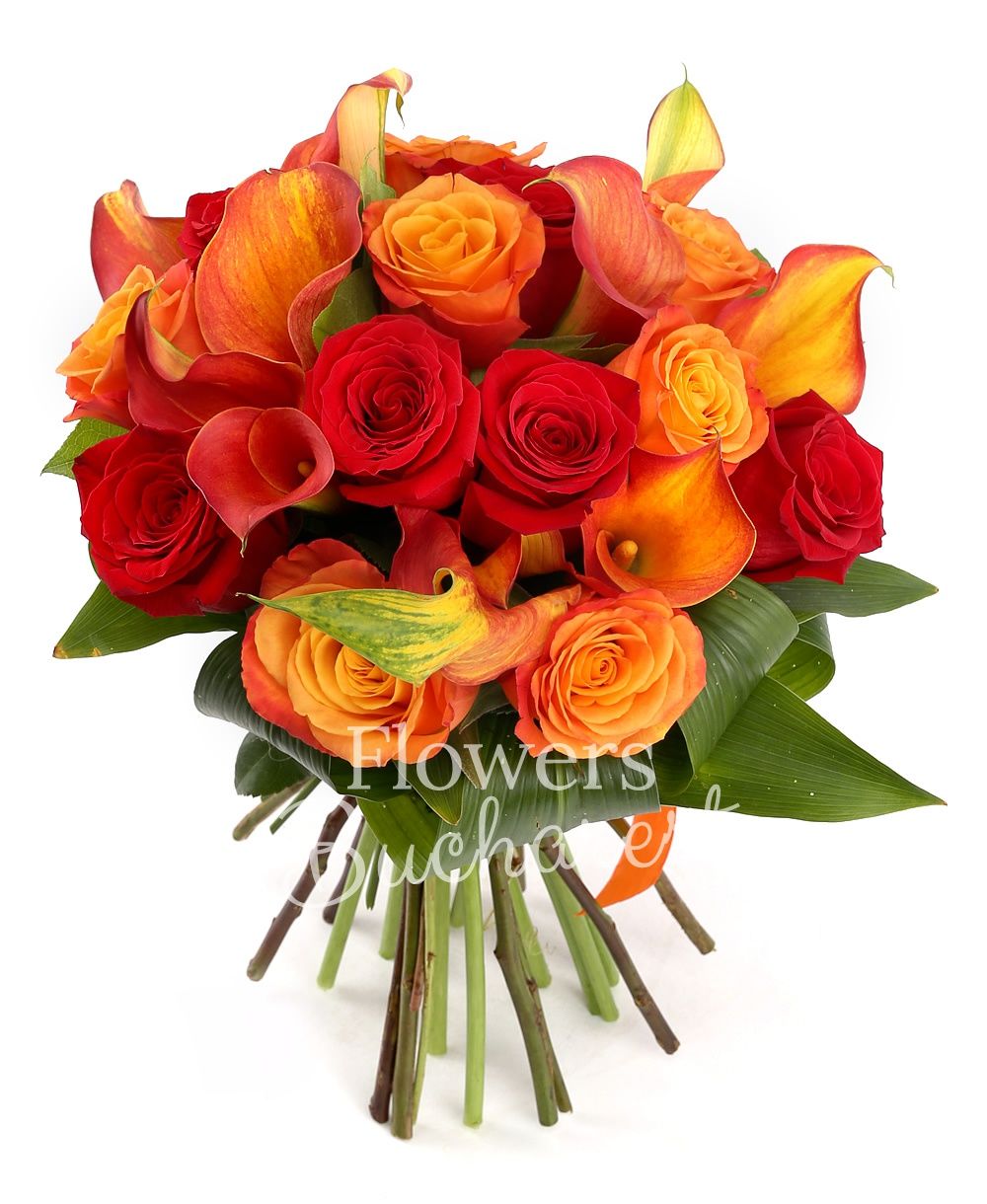 7 red roses, 7 orange roses, 9 orange cala, greenery