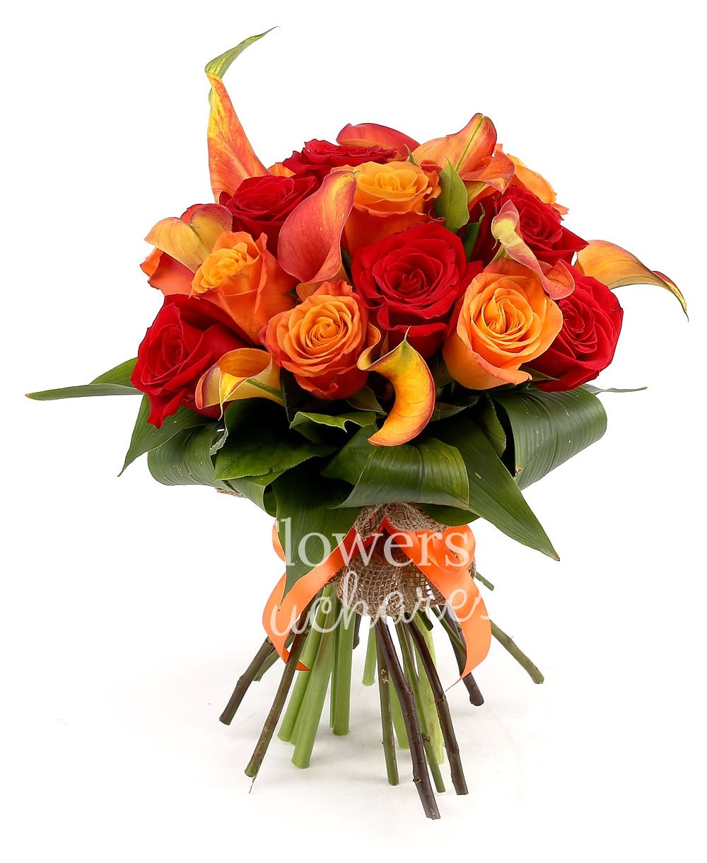 7 red roses, 7 orange roses, 9 orange cala, greenery