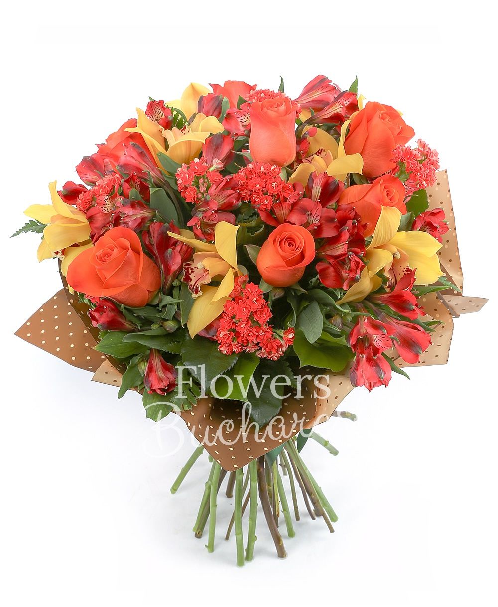 7 orange roses, 7 red alstroemeria, 7 red bouvardia, yellow cymbidium, greenery