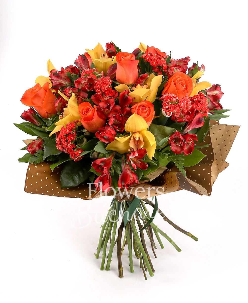 7 orange roses, 7 red alstroemeria, 7 red bouvardia, yellow cymbidium, greenery