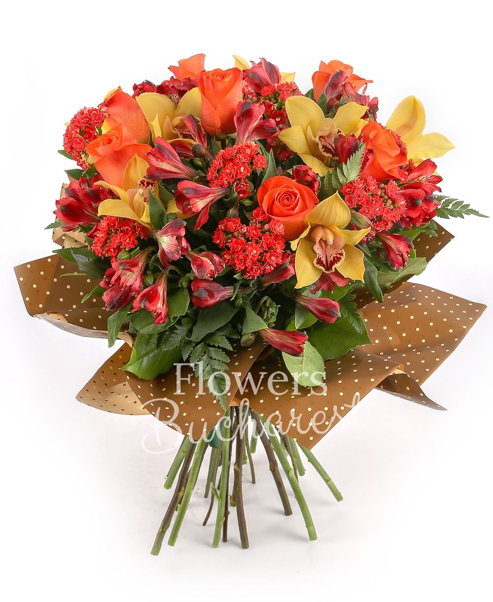 7 orange roses, 7 red alstroemeria, 7 red bouvardia, yellow cymbidium, greenery