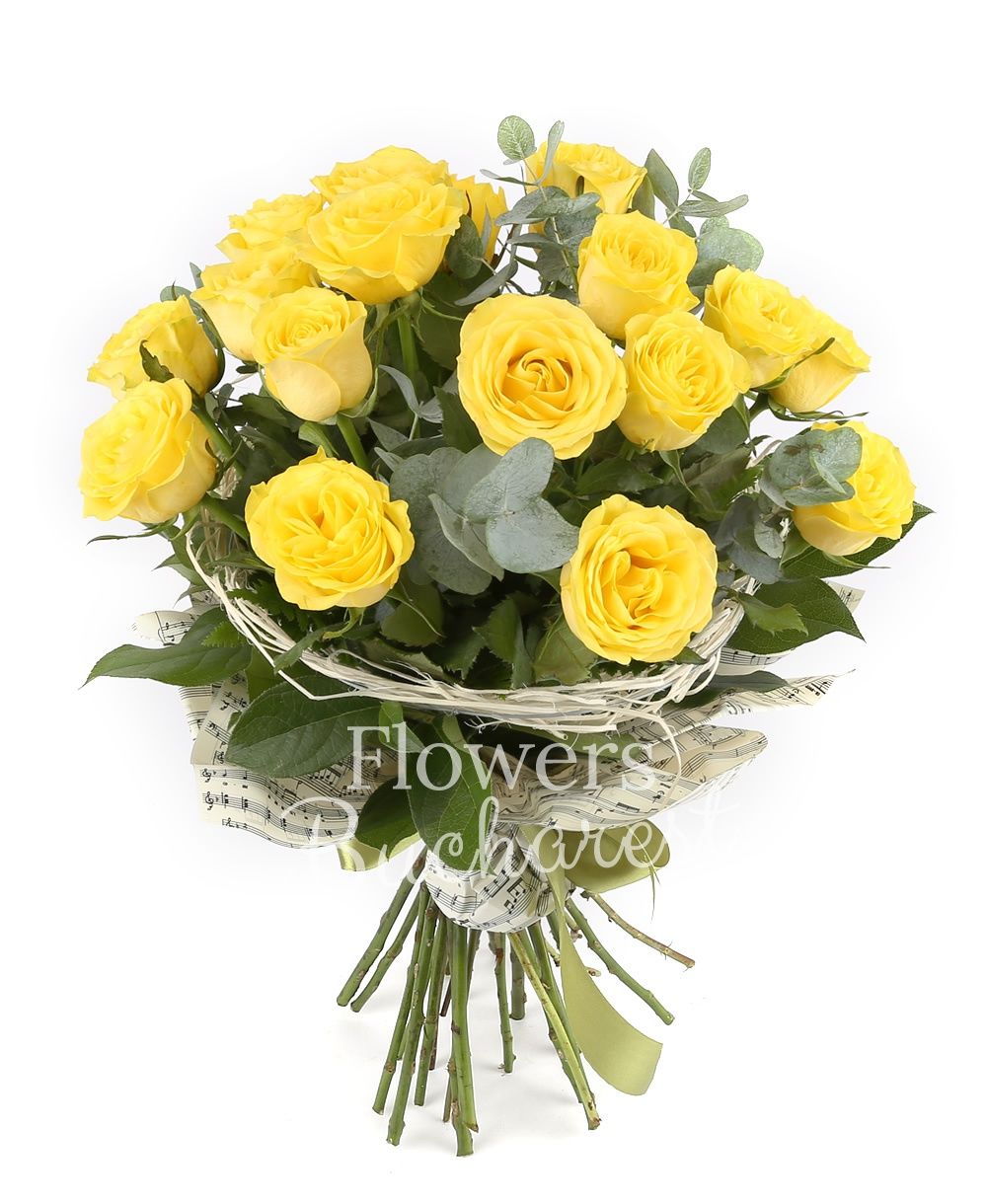 17 yellow roses, greenery