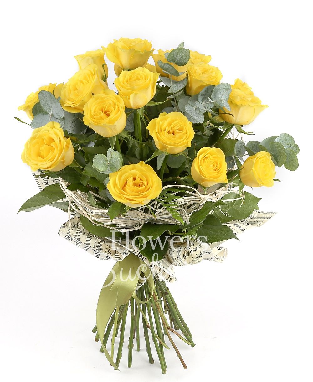 17 yellow roses, greenery