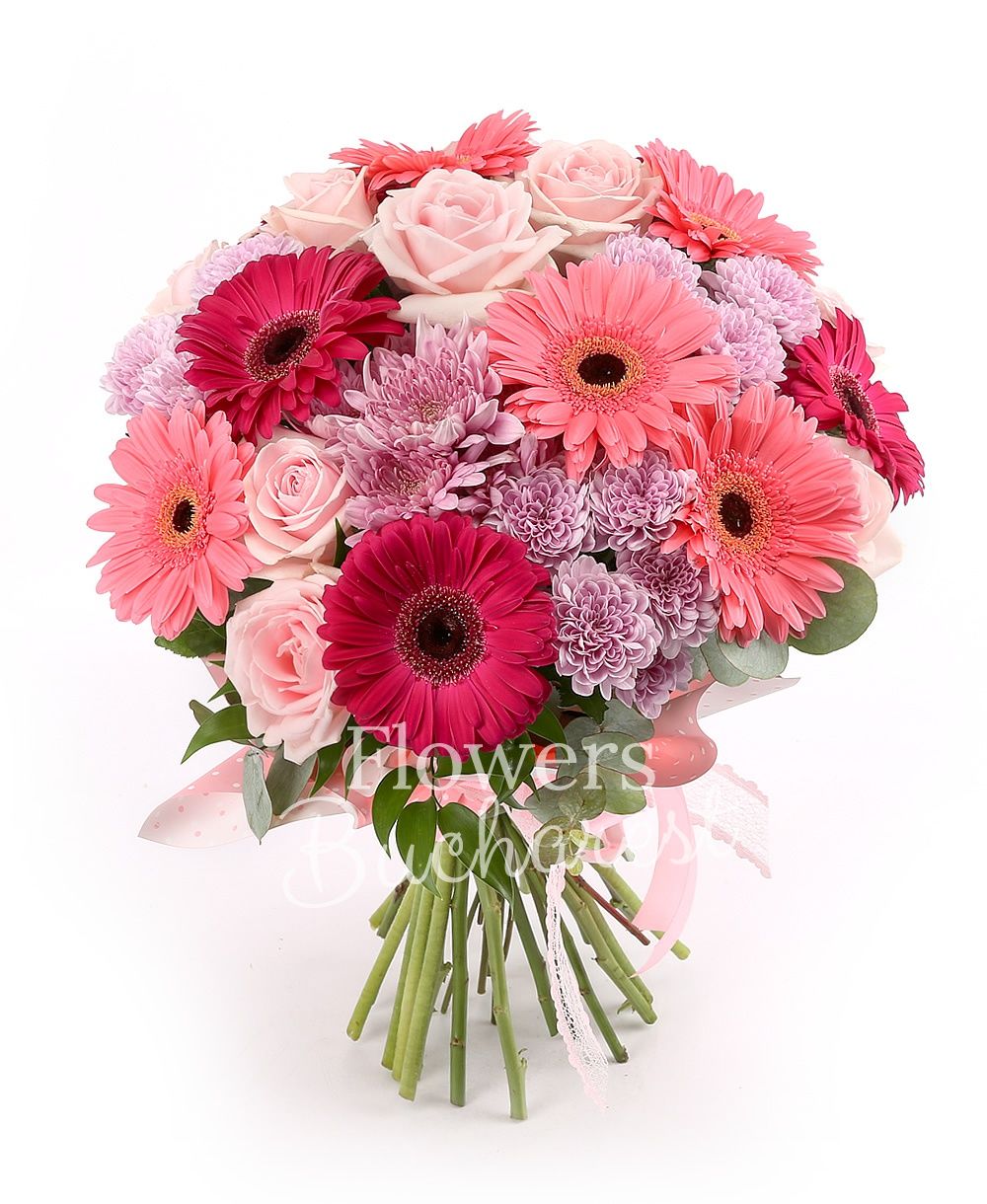 9 pink roses, 5 pink gerbera, 5 cyclam gerbera, 5 pink chrysanthemums, greenery