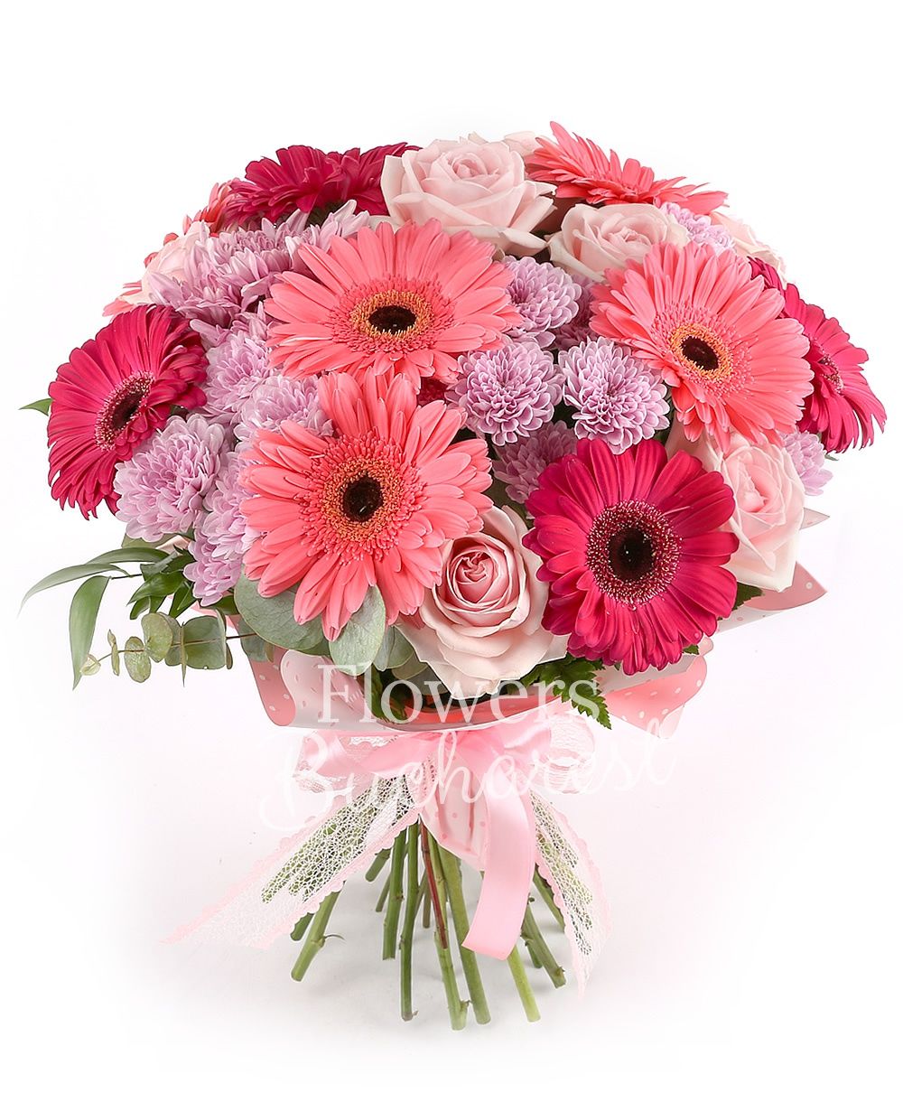 9 pink roses, 5 pink gerbera, 5 cyclam gerbera, 5 pink chrysanthemums, greenery