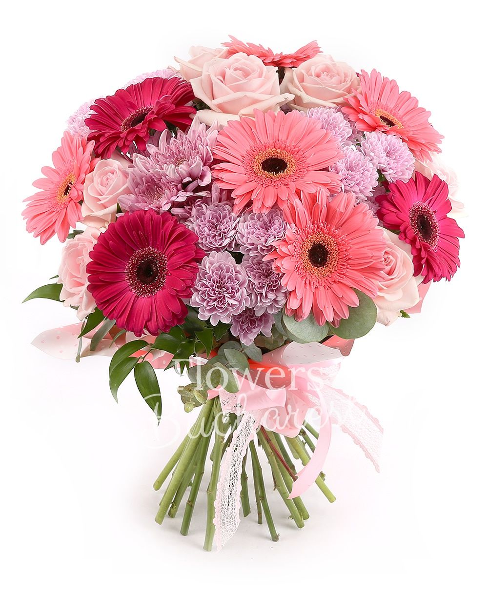 9 pink roses, 5 pink gerbera, 5 cyclam gerbera, 5 pink chrysanthemums, greenery