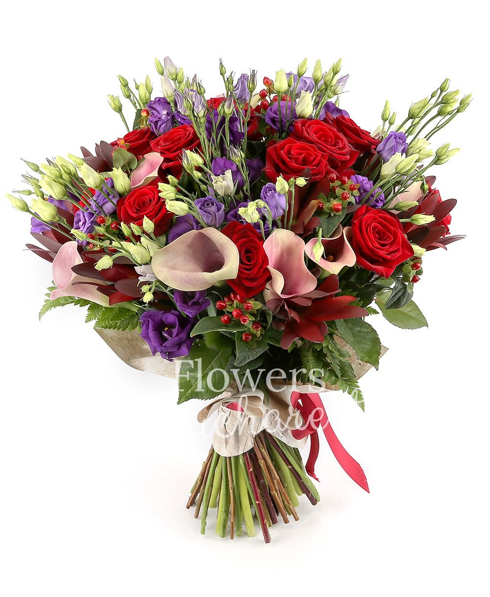 11 red roses, 9 pink cala, 9 leucadendron, 7 red hypericum, 10 mauve lisianthus