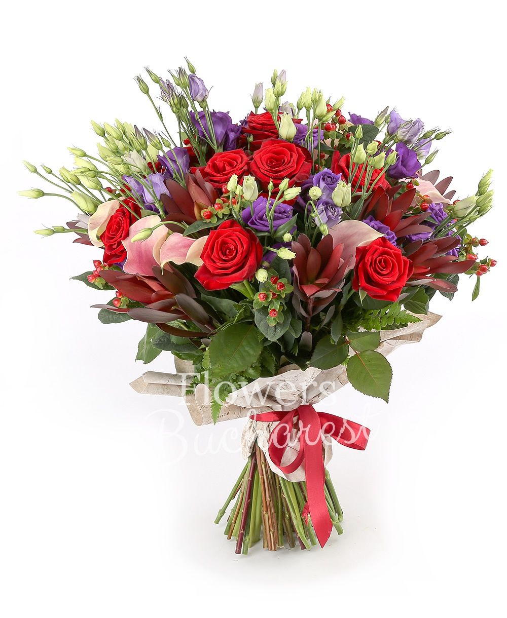 11 red roses, 9 pink cala, 9 leucadendron, 7 red hypericum, 10 mauve lisianthus