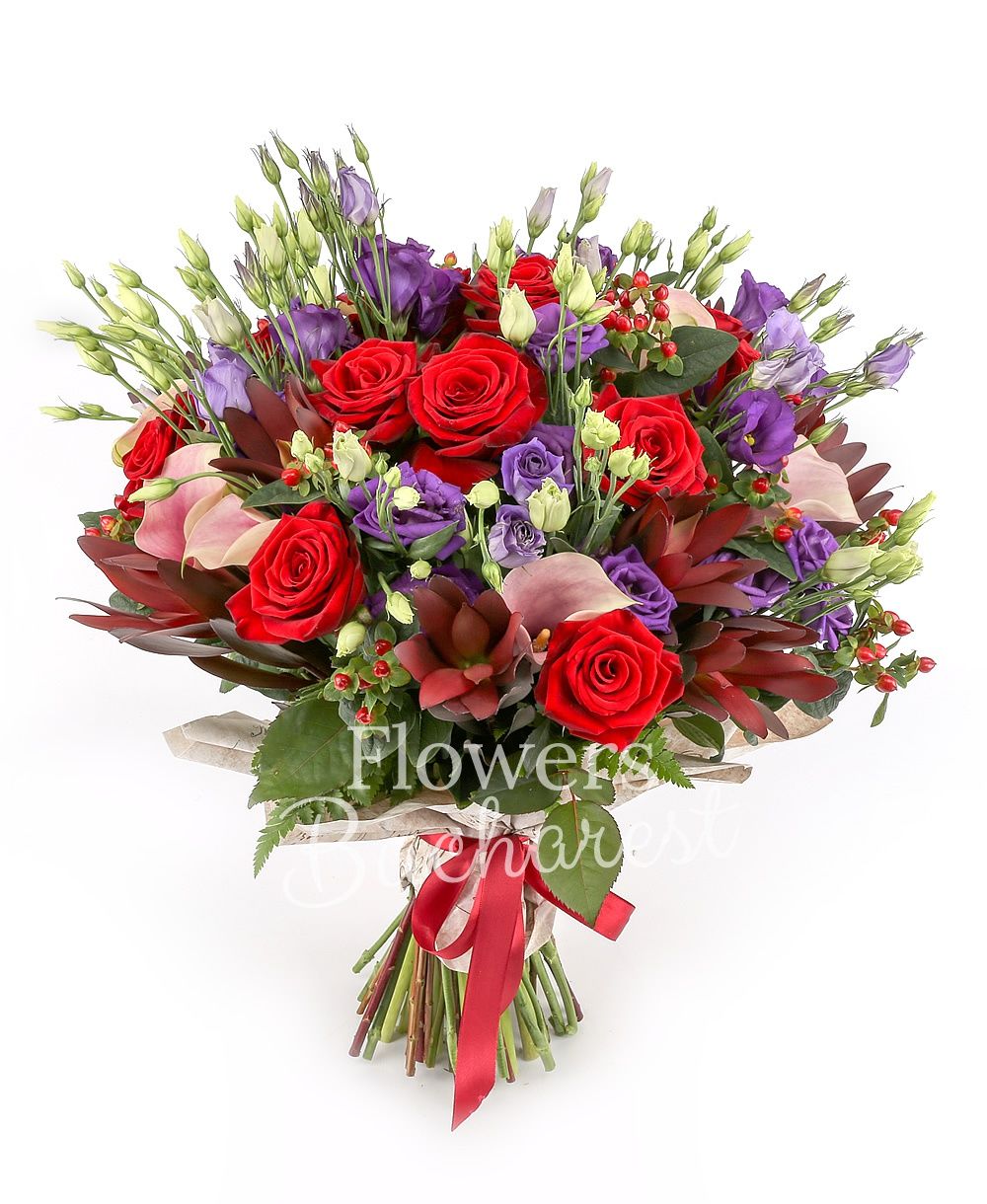 11 red roses, 9 pink cala, 9 leucadendron, 7 red hypericum, 10 mauve lisianthus