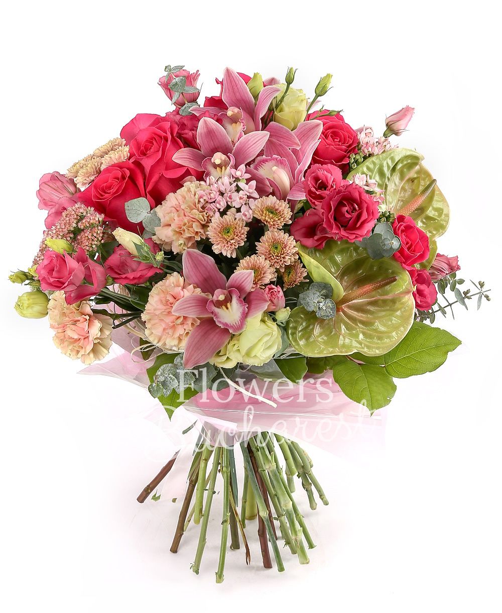 7 cyclam roses, 5 pink lisianthus, 4 pink santini, 7 cream carnations, 3 green lisianthus, 3 sedum, 5 pink bouvardia, 2 green anthurium, pink cymbidium, greenery