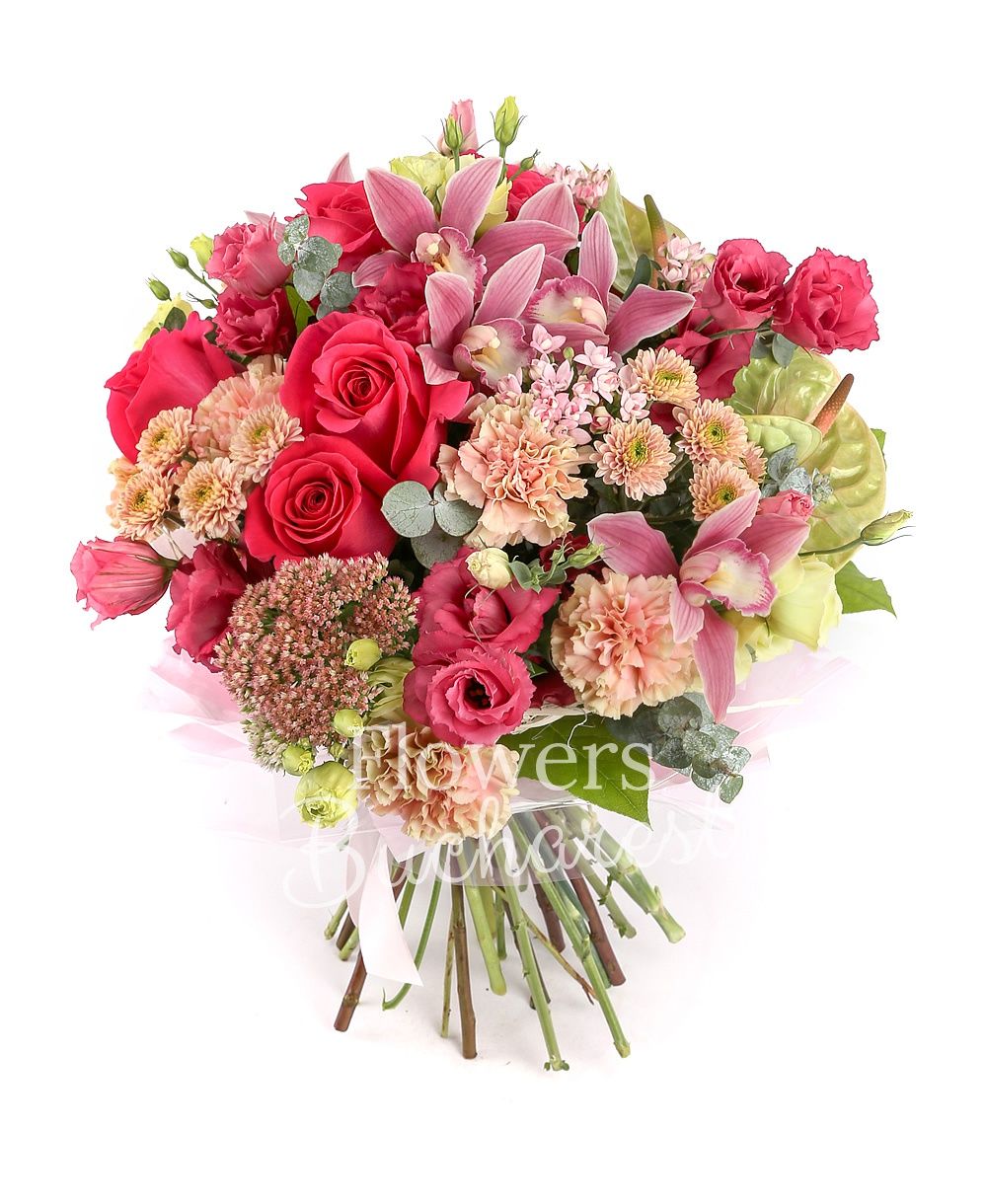 7 cyclam roses, 5 pink lisianthus, 4 pink santini, 7 cream carnations, 3 green lisianthus, 3 sedum, 5 pink bouvardia, 2 green anthurium, pink cymbidium, greenery