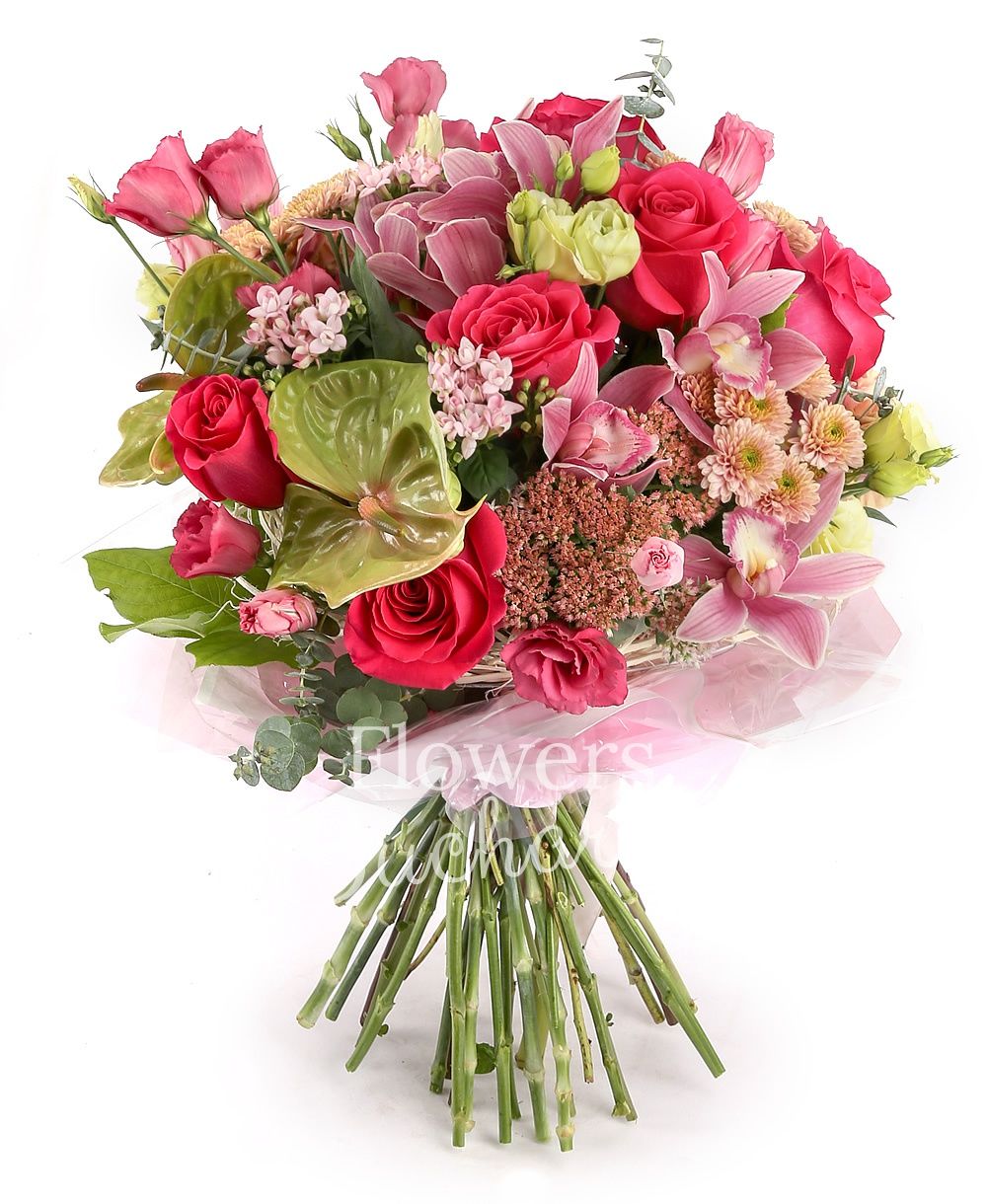 7 cyclam roses, 5 pink lisianthus, 4 pink santini, 7 cream carnations, 3 green lisianthus, 3 sedum, 5 pink bouvardia, 2 green anthurium, pink cymbidium, greenery