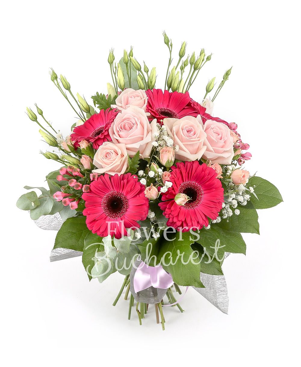 5 pink roses, 5 cyclam gerbera, 3 pink miniroses, 3 pink bouvardia, 3 pink lisianthus, greenery