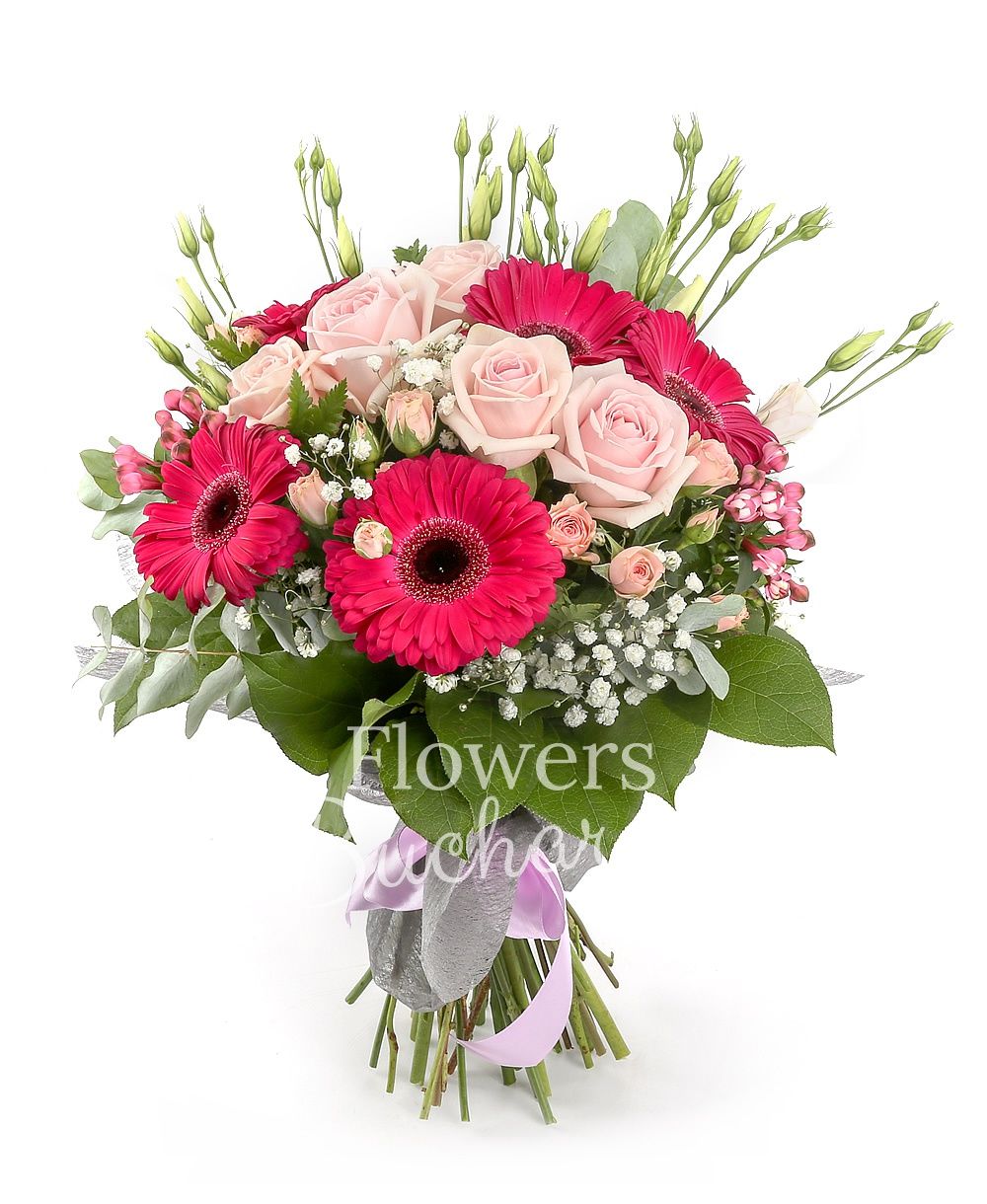 5 pink roses, 5 cyclam gerbera, 3 pink miniroses, 3 pink bouvardia, 3 pink lisianthus, greenery