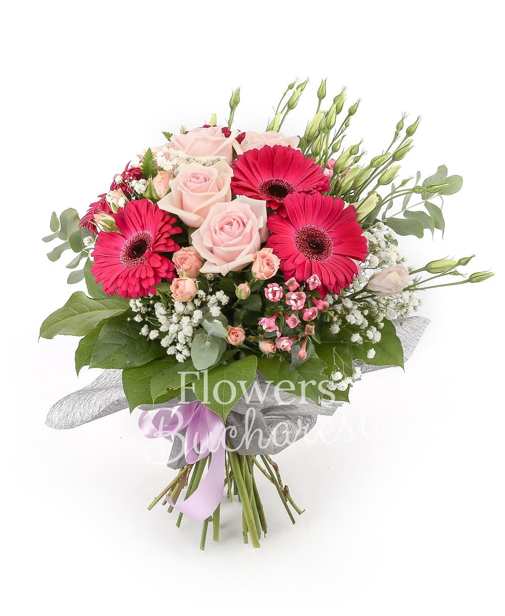 5 pink roses, 5 cyclam gerbera, 3 pink miniroses, 3 pink bouvardia, 3 pink lisianthus, greenery