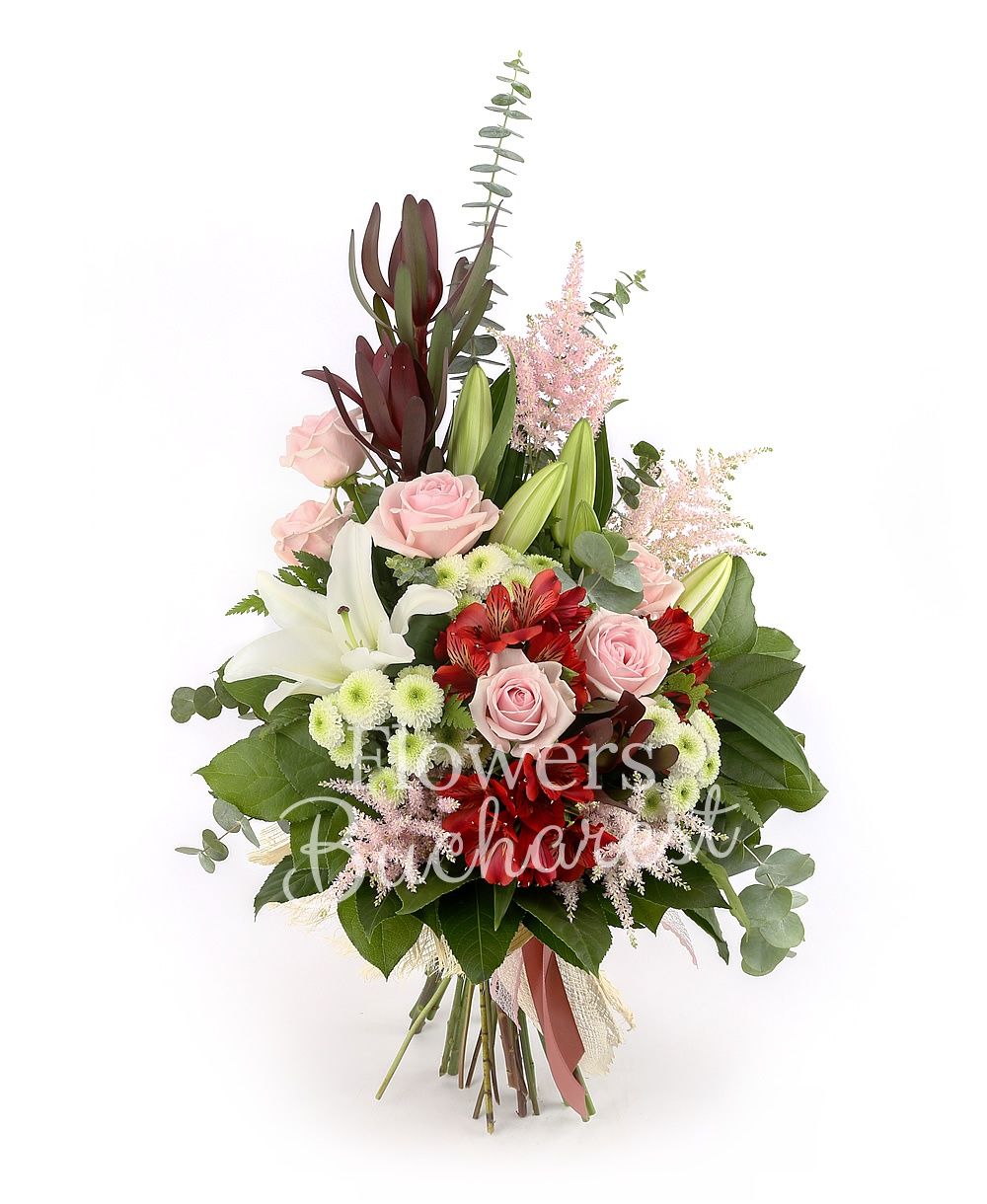 2 white lilies, 6 pink roses, 3 white santini, 3 red alstroemeria, 3 leucadendron, 4 pink astranția, greenery