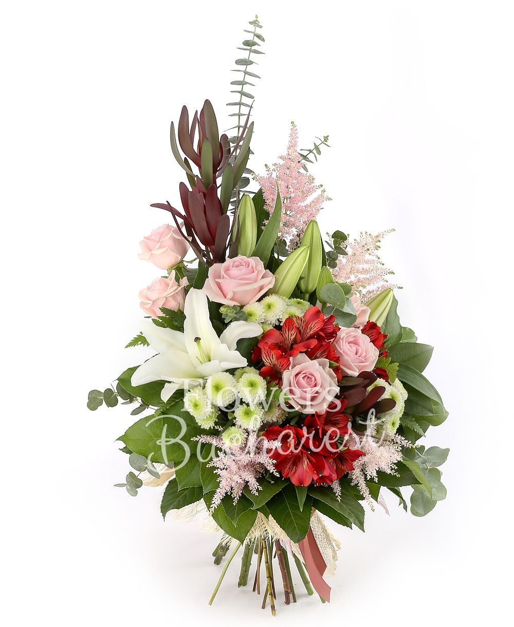 2 white lilies, 6 pink roses, 3 white santini, 3 red alstroemeria, 3 leucadendron, 4 pink astranția, greenery