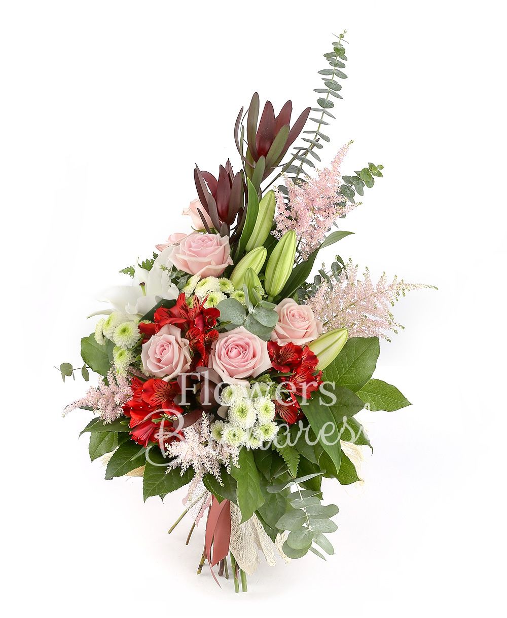 2 white lilies, 6 pink roses, 3 white santini, 3 red alstroemeria, 3 leucadendron, 4 pink astranția, greenery