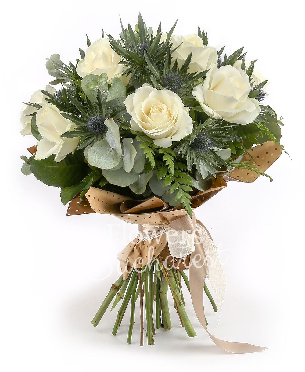 9 white roses, 4 eryngium, greenery