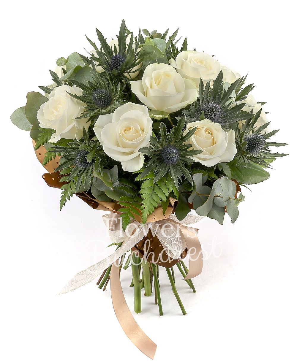 9 white roses, 4 eryngium, greenery