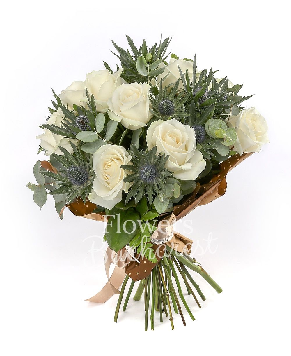 9 white roses, 4 eryngium, greenery