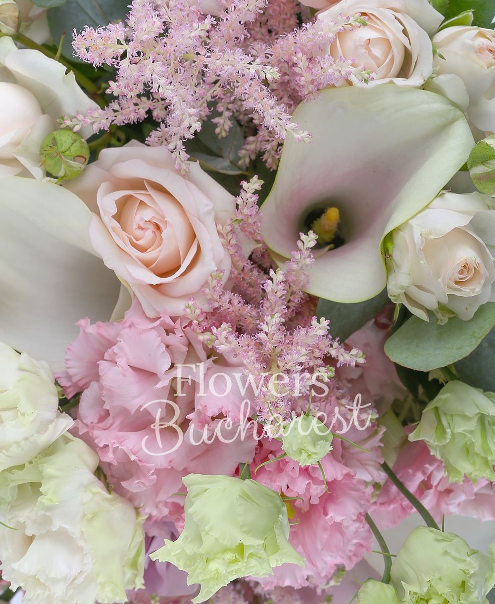 5 mauve roses, 3 white cala, 3 pink miniroses, 3 pink lisianthus, 3 pink astranția, greenery