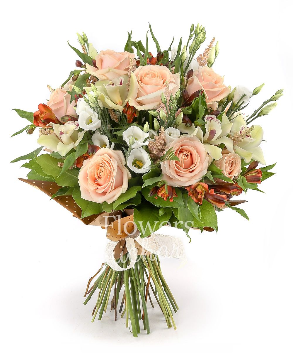 9 cream roses, 5 white lisianthus, 5 orange alstroemeria, 5 pink astranția, green cymbidium, greenery