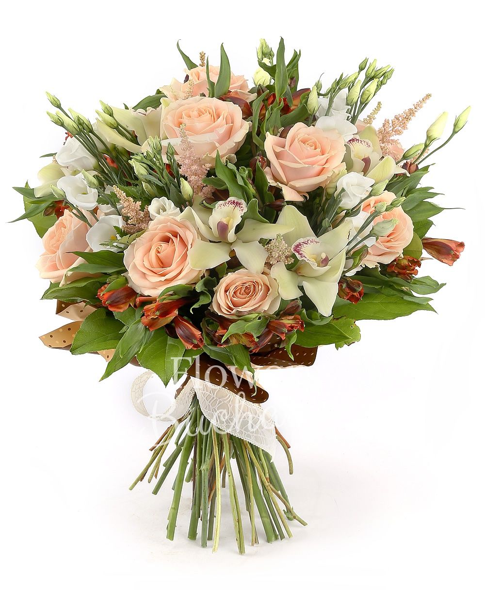 9 cream roses, 5 white lisianthus, 5 orange alstroemeria, 5 pink astranția, green cymbidium, greenery