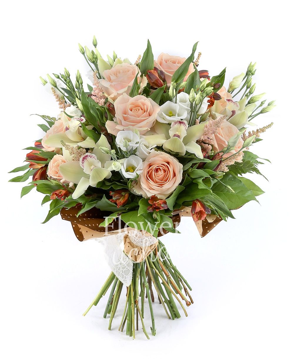 9 cream roses, 5 white lisianthus, 5 orange alstroemeria, 5 pink astranția, green cymbidium, greenery