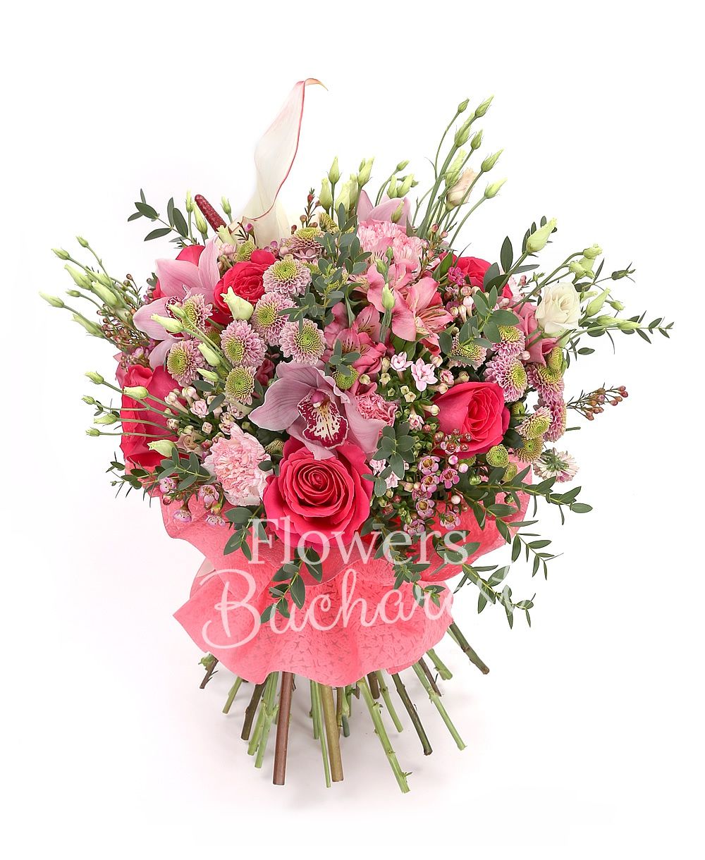 7 cyclam roses, 5 pink carnations, 5 pink santini, 5 pink bouvardia, 5 pink lisianthus, pink cymbidium, 2 white anthurium, 3 pink alstroemeria, greenery