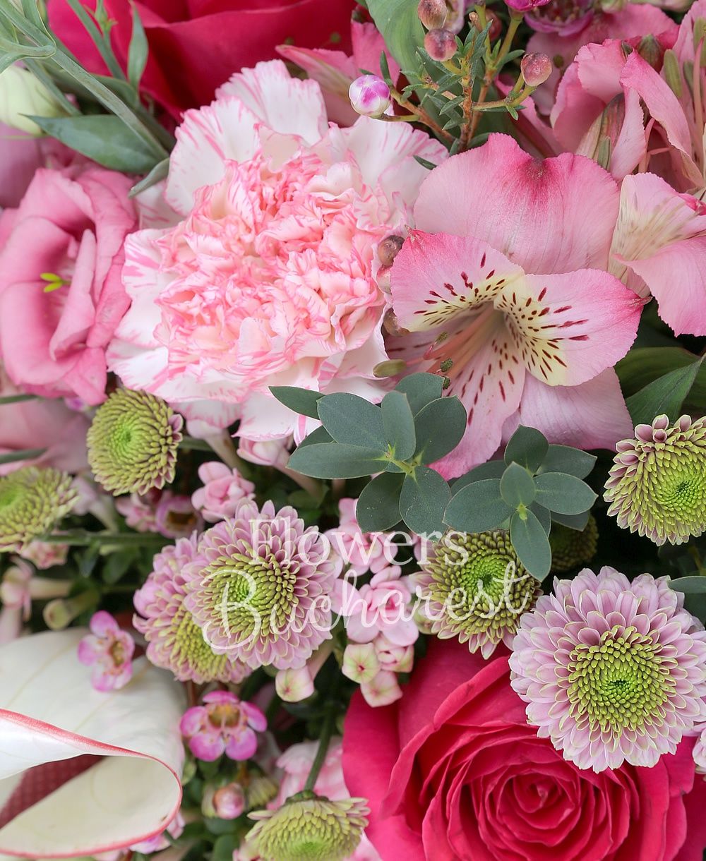 7 cyclam roses, 5 pink carnations, 5 pink santini, 5 pink bouvardia, 5 pink lisianthus, pink cymbidium, 2 white anthurium, 3 pink alstroemeria, greenery