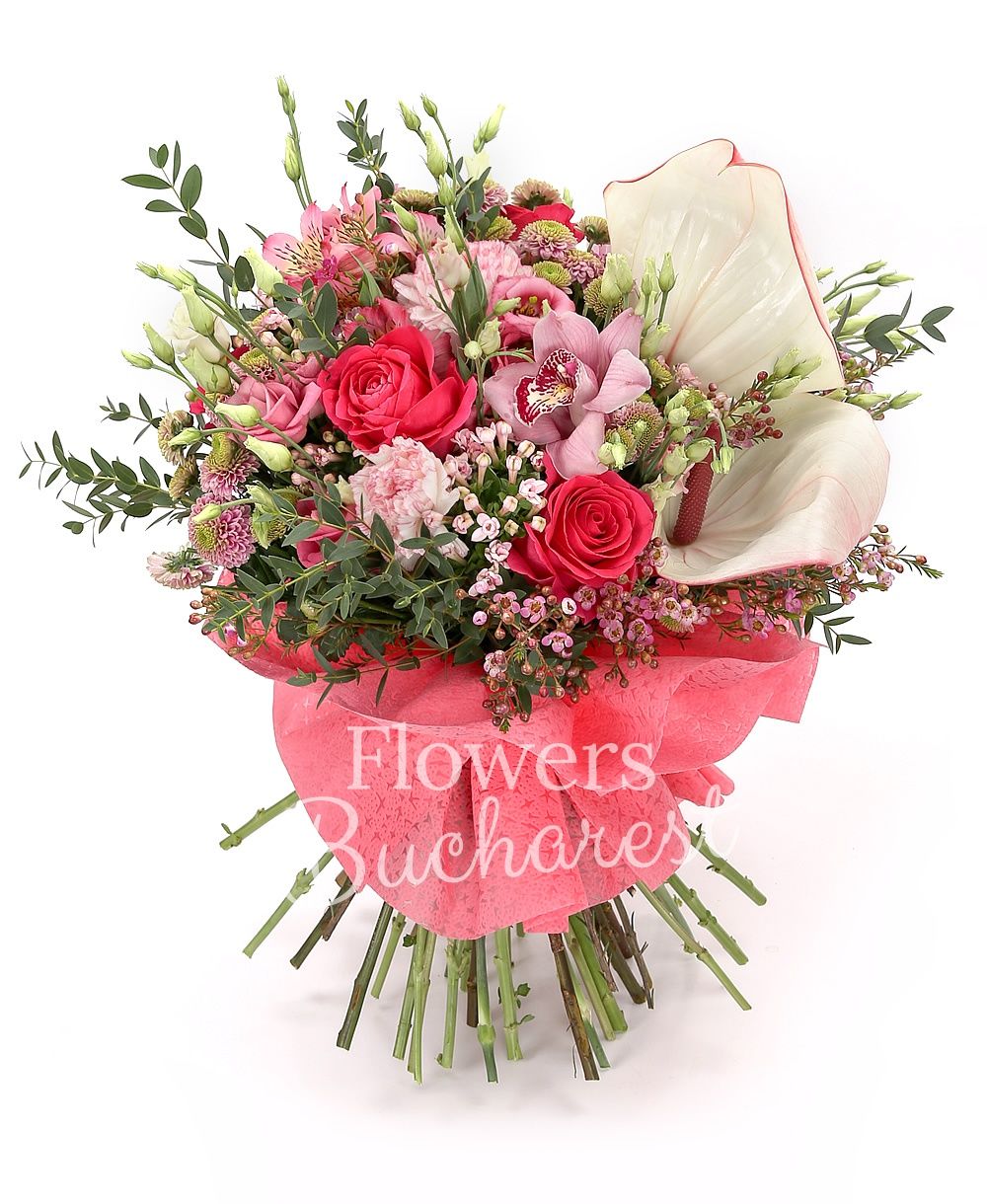 7 cyclam roses, 5 pink carnations, 5 pink santini, 5 pink bouvardia, 5 pink lisianthus, pink cymbidium, 2 white anthurium, 3 pink alstroemeria, greenery